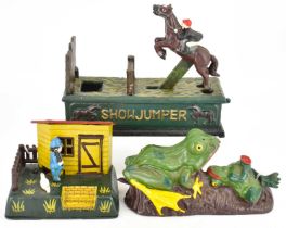 Three replica cast metal money banks comprising 'Showjumper', 18 x 22cm, novelty frog, 11 x 19cm,