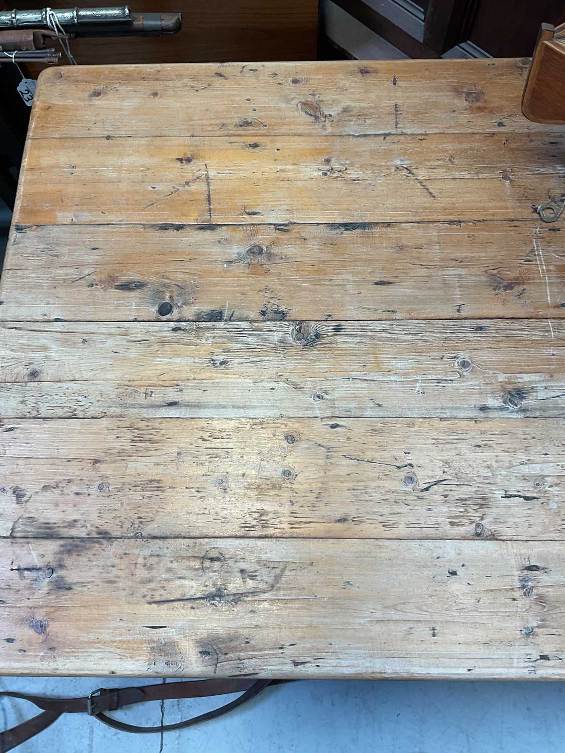 A large rustic pine farmhouse table of plank top construction, raised on turned tapering supports, - Image 2 of 3