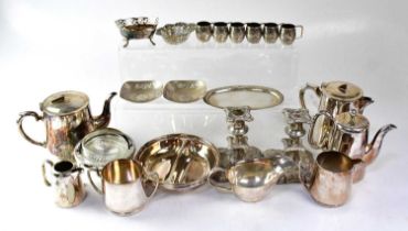 A small collection of silver items comprising six barrel-shaped shot glasses, with elephant and