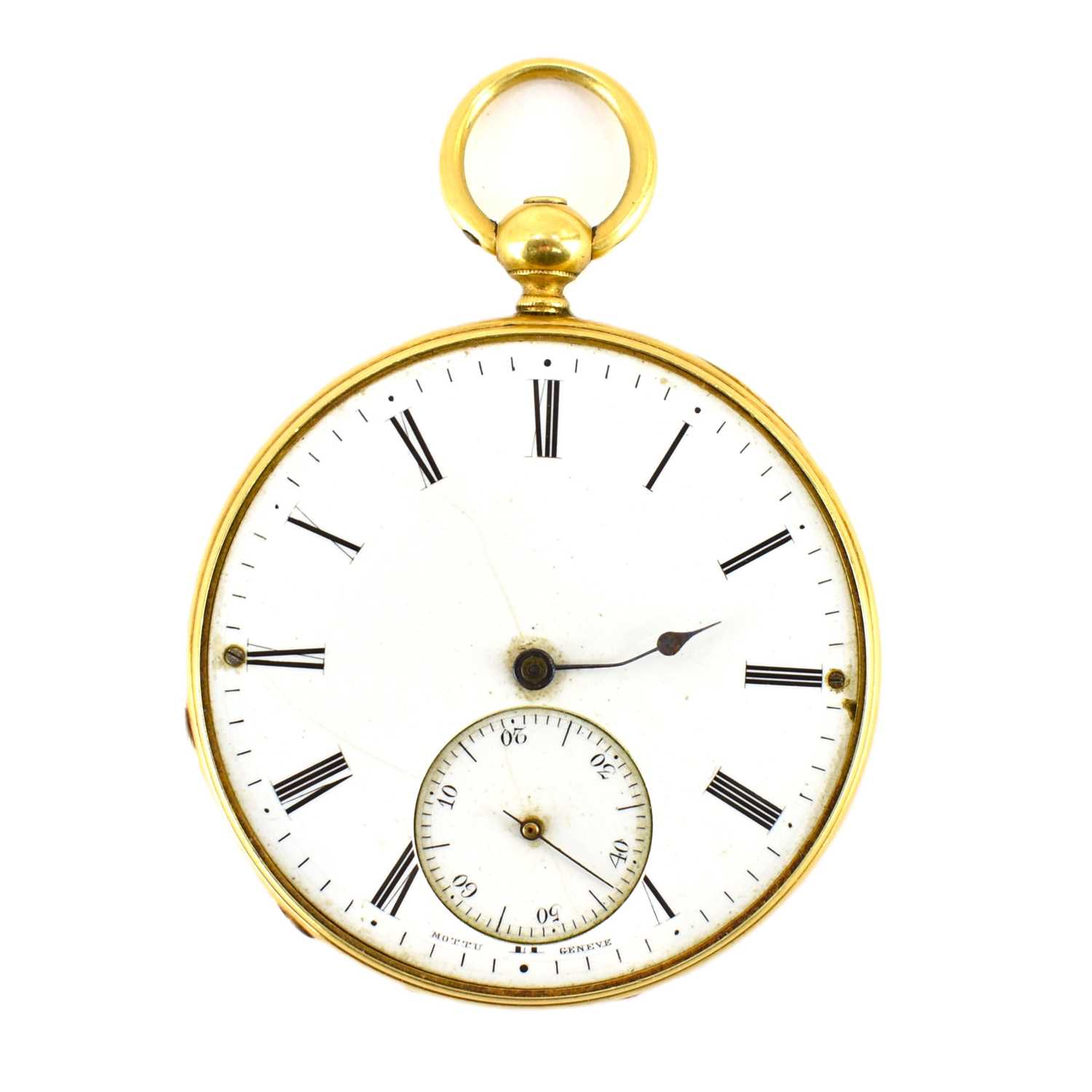 An 18ct gold open face pocket watch, the white enamelled dial set with Roman numerals, outer