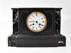 A Victorian slate mausoleum eight-day mantel clock, the enamelled dial set with Roman numerals,
