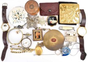 A collection of costume jewellery and collectibles comprising compacts, wristwatches, lighters,