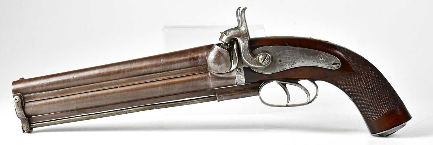 A 19th century double-barrelled 32 bore side hammer percussion howdah pistol, with 8 1/2" rifled - Image 3 of 10