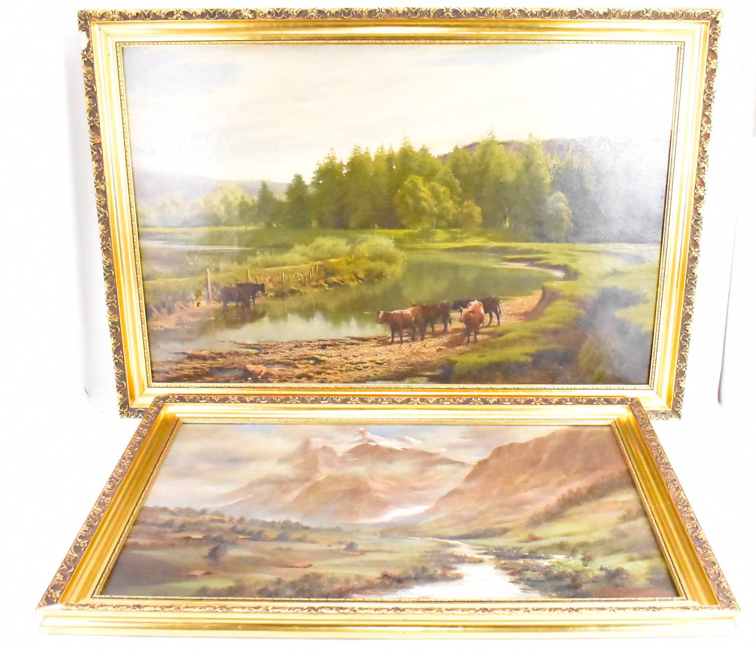 UNATTRIBUTED; 19th century oil on canvas, cattle by riverside with woodland and hills to the