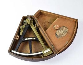 X A 19th century French ivory set ebony and brass octant in fitted case, with paper label