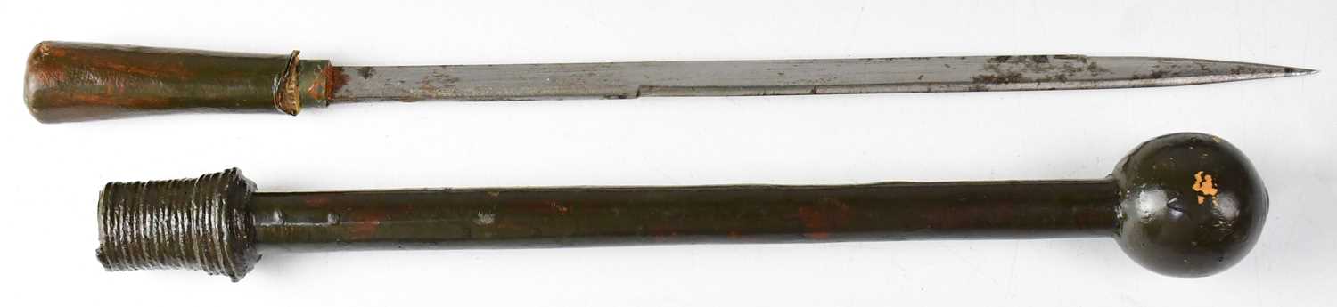 An unusual possibly African painted leather combination cudgel/sword stick, with enclosed 32cm blade - Image 4 of 4