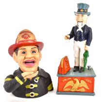 Two replica cast iron money banks, one in the form of 'Uncle Sam' with US Treasury bag and green