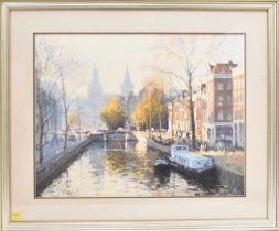 † ROBERT 'BOB' RICHARDSON (born 1938); pastel, Amsterdam lock scene with barges and cityscape,