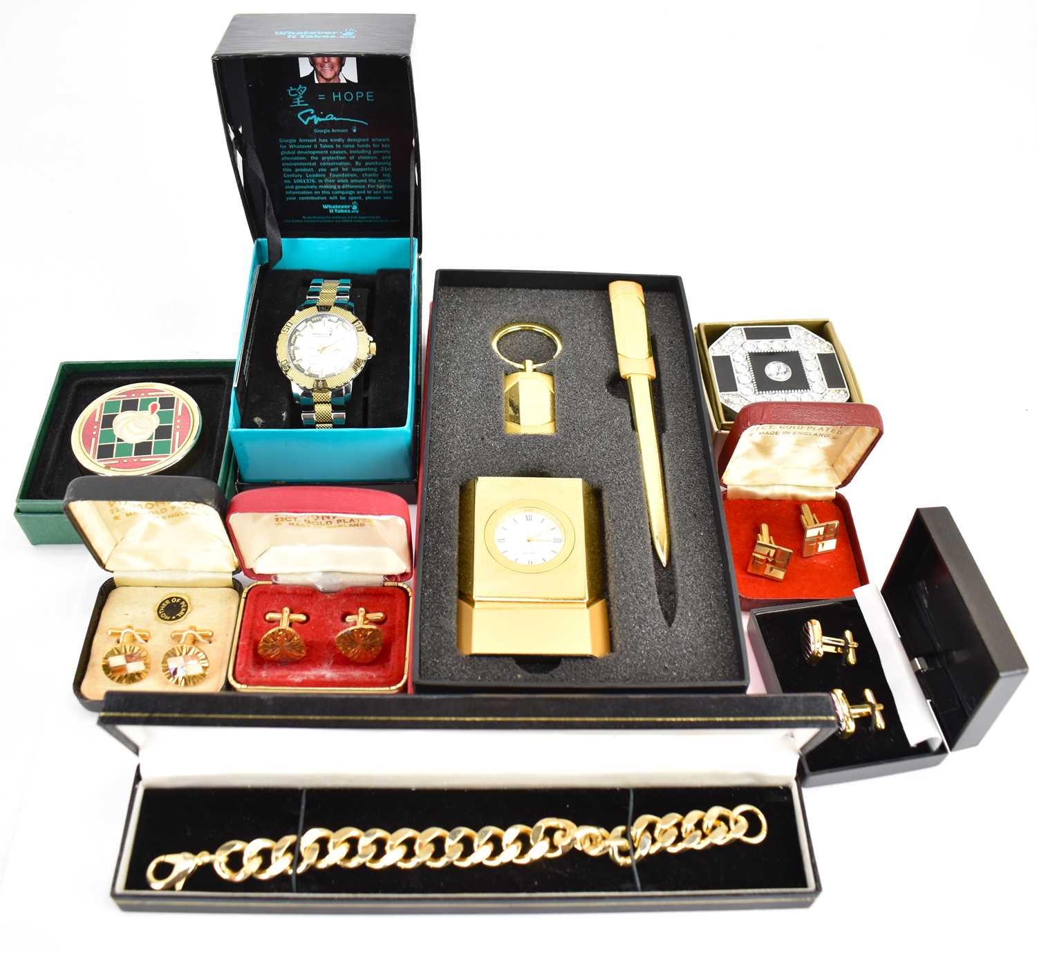 Mixed costume jewellery comprising four cased sets of cufflinks, a gold plated heavy curb chain