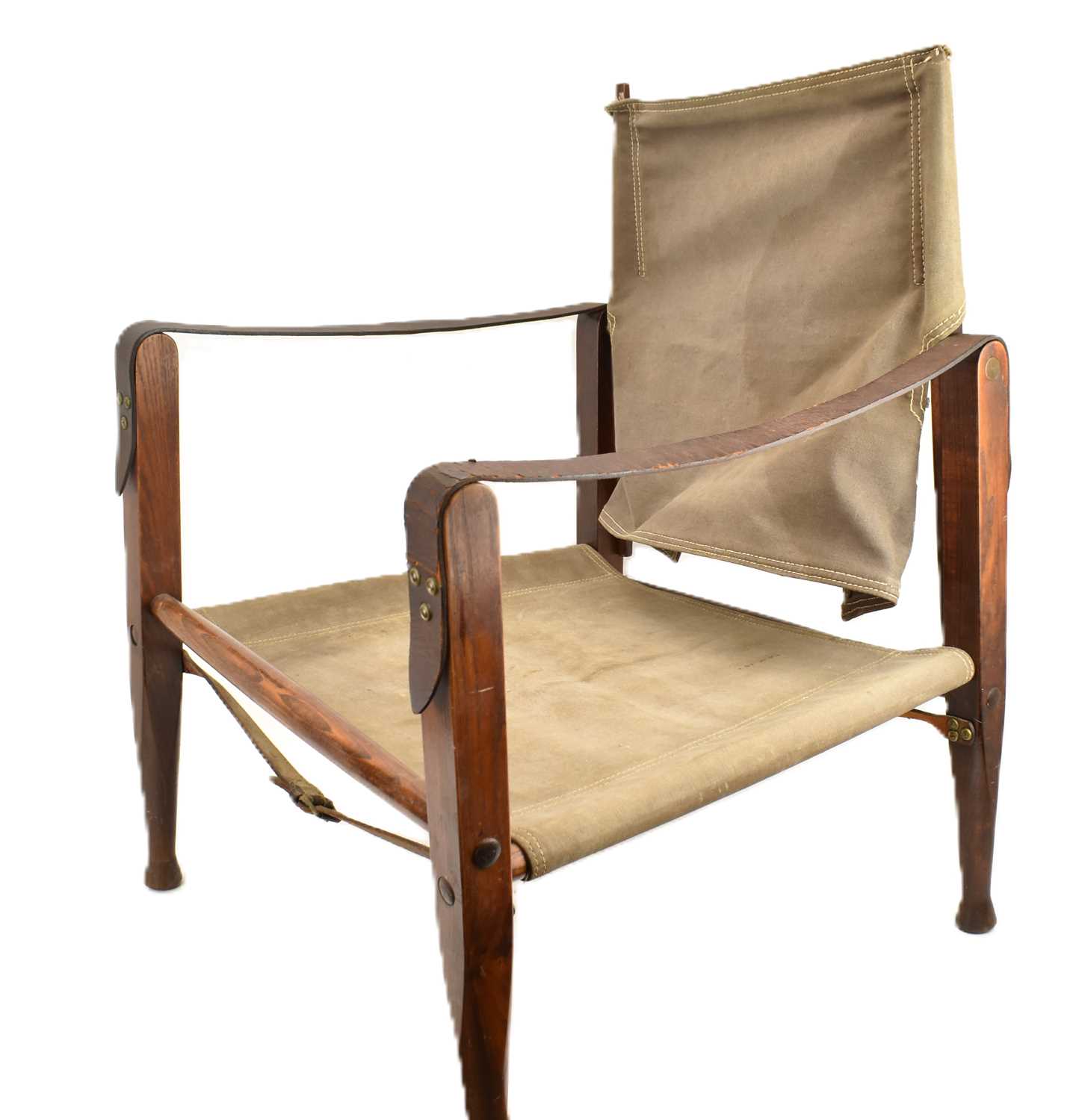 KAARE KLINT, DENMARK; a pair of ash and canvas safari chairs, marked 'Denmark 25160' to back - Image 3 of 7