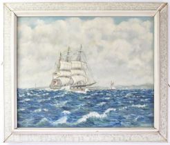 L. CRANE; oil on canvas, 'Homeward Bound' depicting a tall-masted battleship on choppy waters,