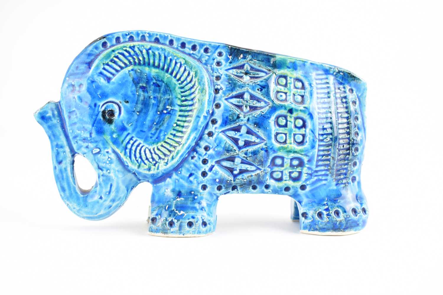 ALDO LONDI FOR BITOSSI; an Italian ceramic elephant decorated with the Rimini blue glaze, with - Image 3 of 4