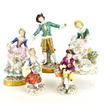 SITZENDORFS; five late 19th century porcelain figures comprising a dandy holding a flower, height