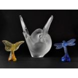 LALIQUE; a frosted glass 'Sylvie' bowl depicting two intertwined doves, height 20.5cm, an amber