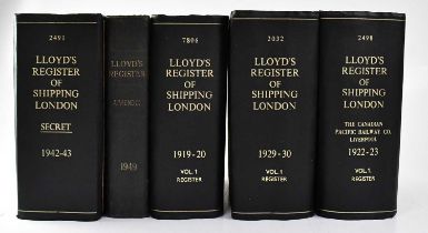 LLOYD'S REGISTER OF SHIPPING LONDON; five volumes, comprising 1919-20 Vol. 1, 1922-23 Vol. 1 (af),