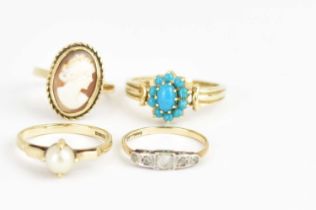 Four 9ct gold dress rings comprising cameo, size L, blue stone cluster, size R, simulated pearl,