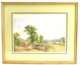 HENRY JUTSUM (1816-1869); watercolour, farmer moving cattle over wooden bridge, signed and dated