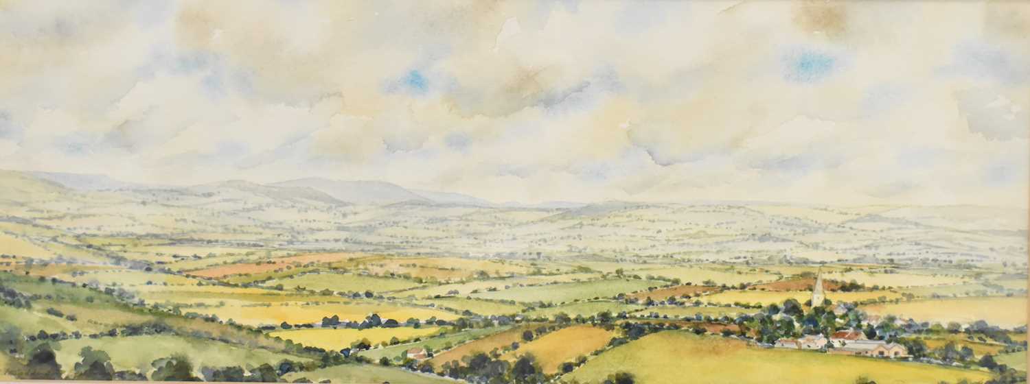 † BEVERLEY BLACK; watercolour on paper, a Herefordshire panoramic landscape of hills, church spire - Image 2 of 2