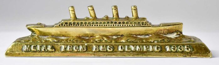 RMS OLYMPIC; a cast brass paperweight modelled as the White Star liner RMS Olympic, inscribed 'Metal