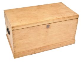 A Victorian pine blanket box with iron swing handles, on plinth base, 51 x 99 x 51cm. Condition