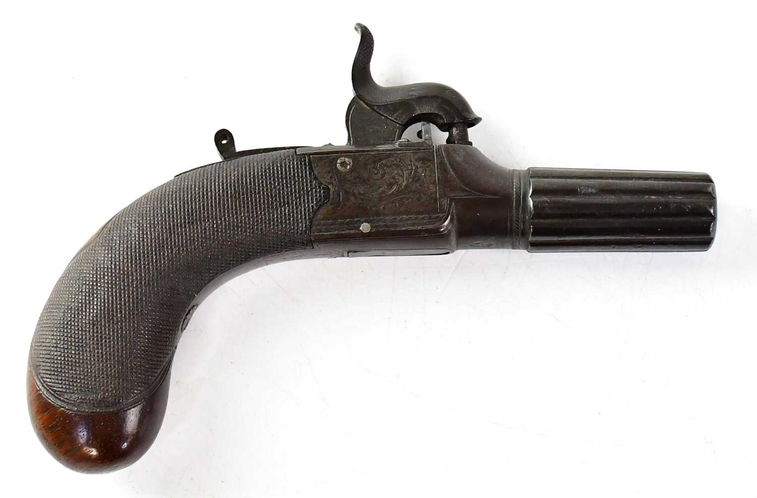 HEWSON, LONDON; a 19th century 54 bore percussion cap pocket pistol, 1.5" turn-off fluted barrel,