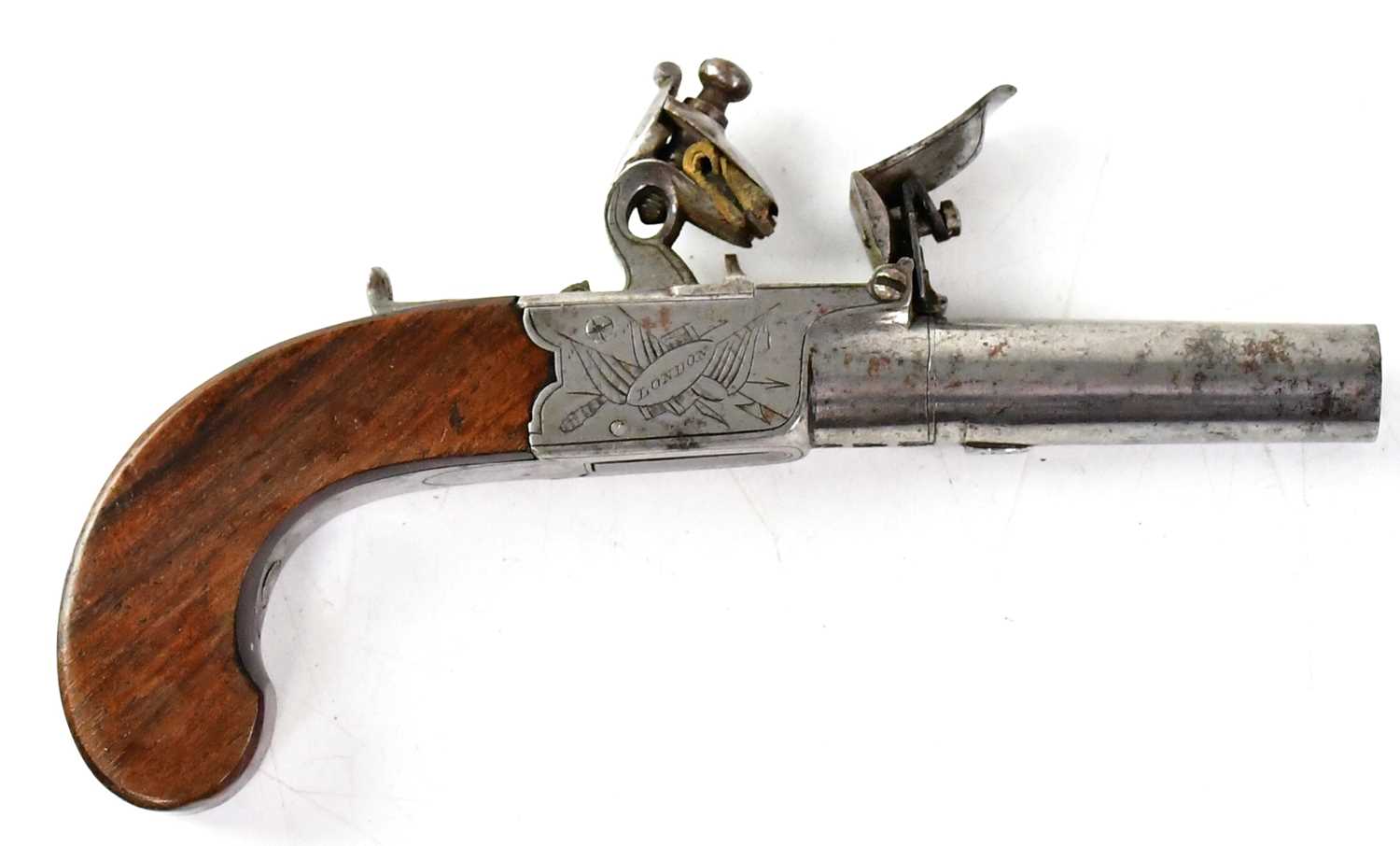 BASS, LONDON; a 19th century 54 bore flintlock pocket pistol with 2.25" turn-off barrel, stamped