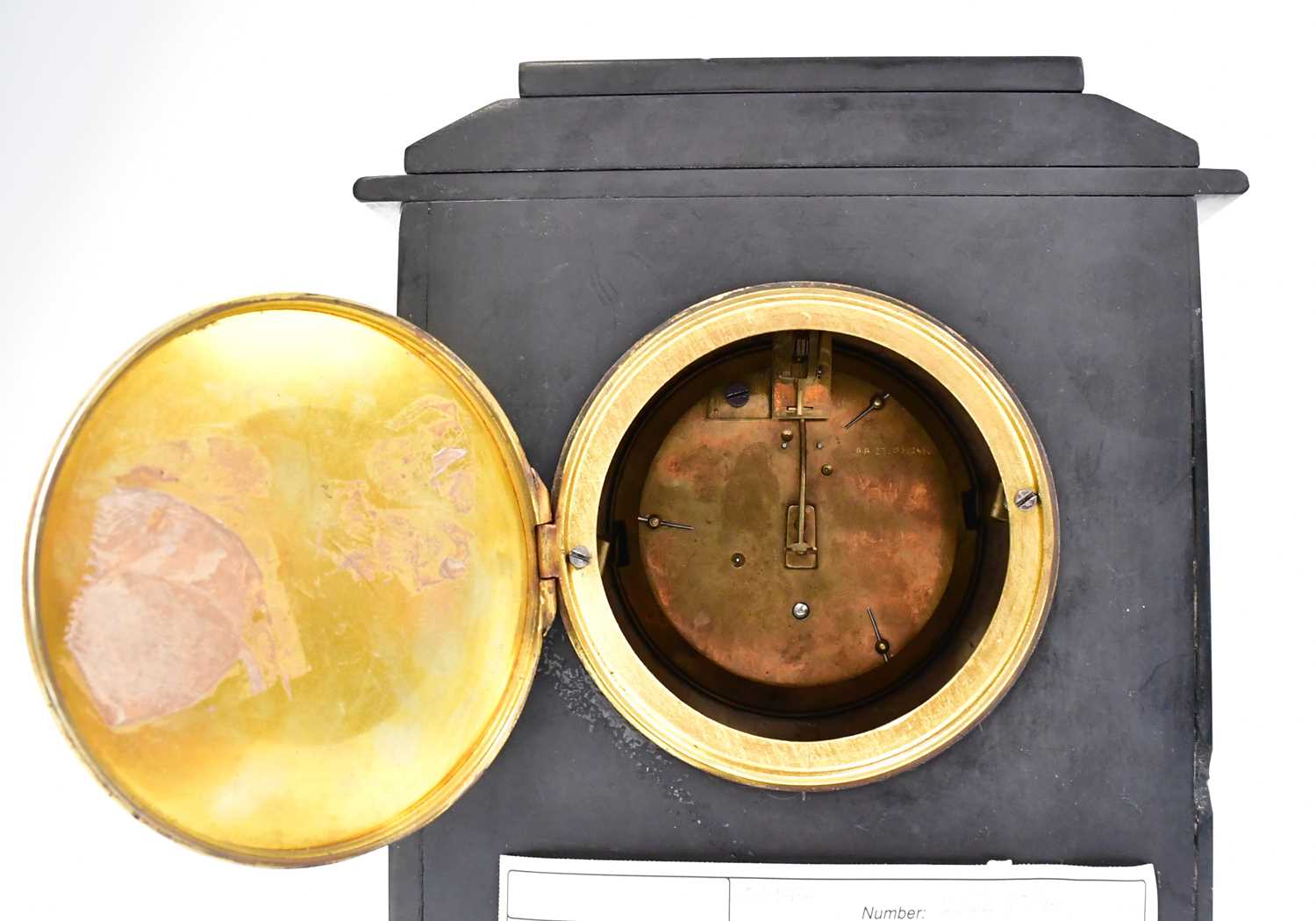 An early 20th century thirty-hour black slate and marble mantel clock, the white enamelled dial - Image 2 of 2