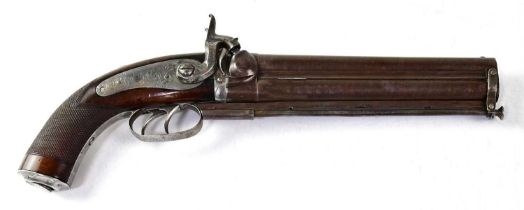 A 19th century double-barrelled 32 bore side hammer percussion howdah pistol, with 8 1/2" rifled