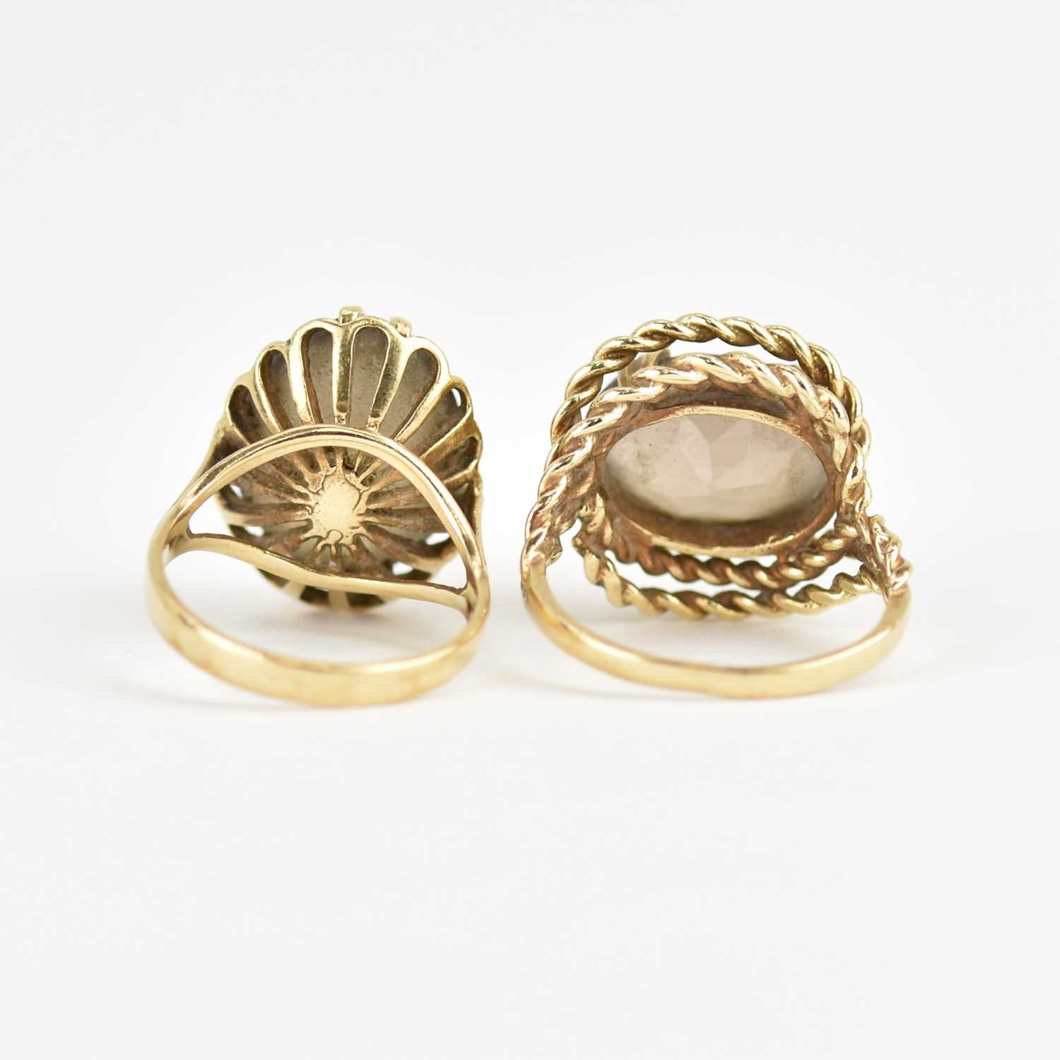 Two 9ct gold dress rings, both claw set with oval smoky quartz, one with rope twist mount, Size K - Image 3 of 3