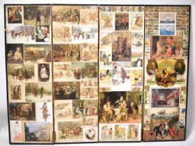 A late 19th century four-fold scraps screen, with later scraps to include Elizabeth II, Royal Family