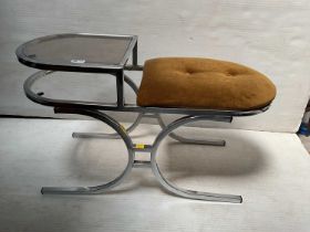A 1960s chrome and glass telephone table and seat, with small glass shelf and upholstered brown