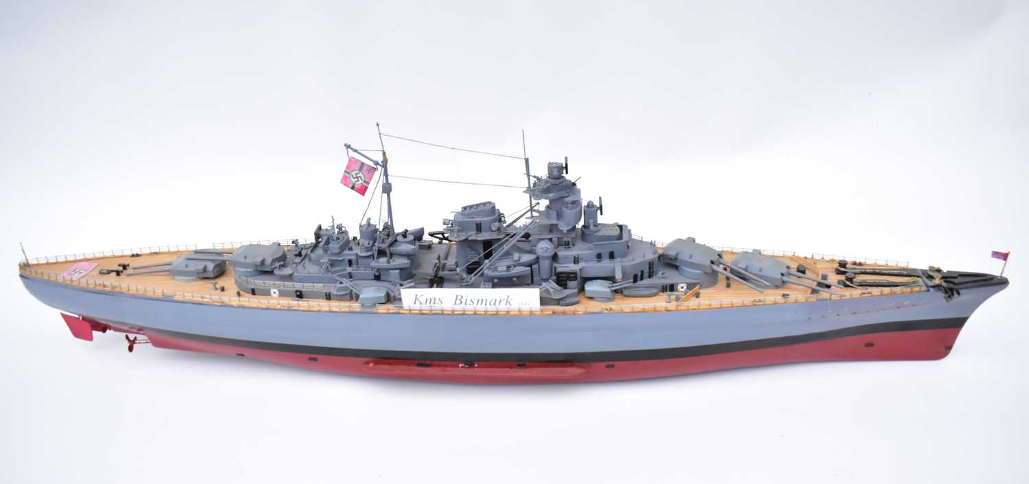 KMS BISMARK; a large wood and composite model gunship, in grey with red hull, with German Third - Image 9 of 9