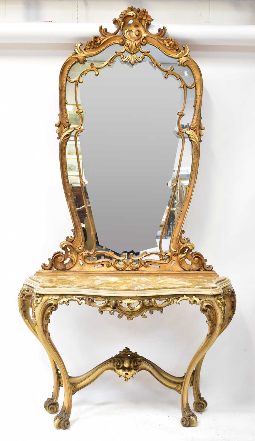 A late 19th century Italian hand carved and gilt-heightened console table, with inset Breccia marble