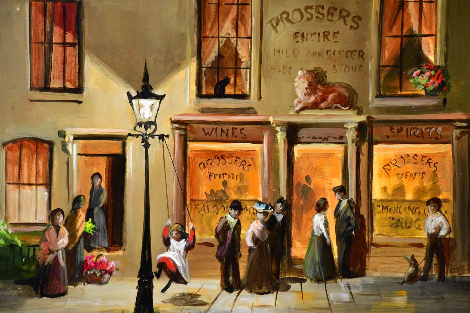 † DEBORAH JONES (1921-2012); oil on board, figures outside a wine bar, signed, 30 x 75cm, framed. - Image 2 of 4