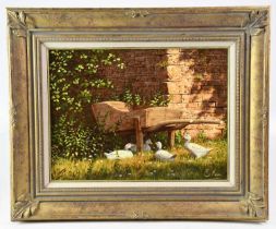 † EDWARD HERSEY (born 1948); acrylic on canvas, 'Hay Barrow with Geese', signed, 29.5 x 39cm,