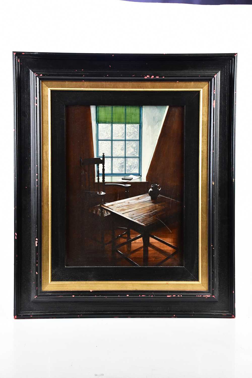 † MICHAEL JOHN HUNT (born 1941); oil on panel, 'The Attic Window', signed, 39 x 29cm, framed, with