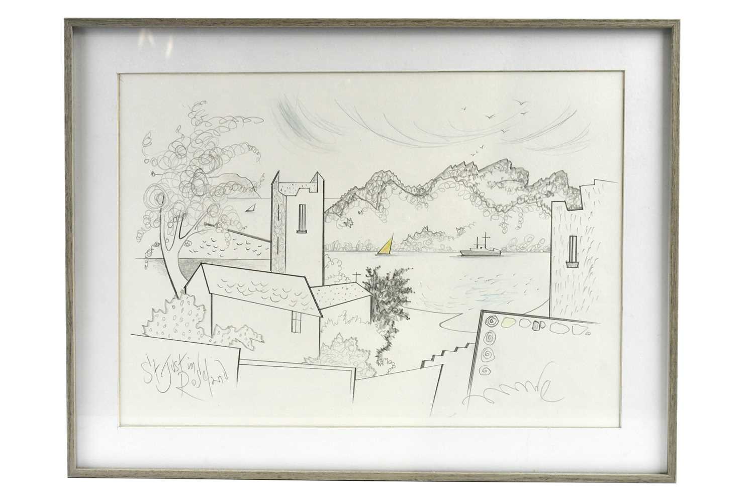 † DAVID WILDE (1918-1978); pencil drawing, 'St Just in Roseland', 27 x 38cm, framed and glazed.