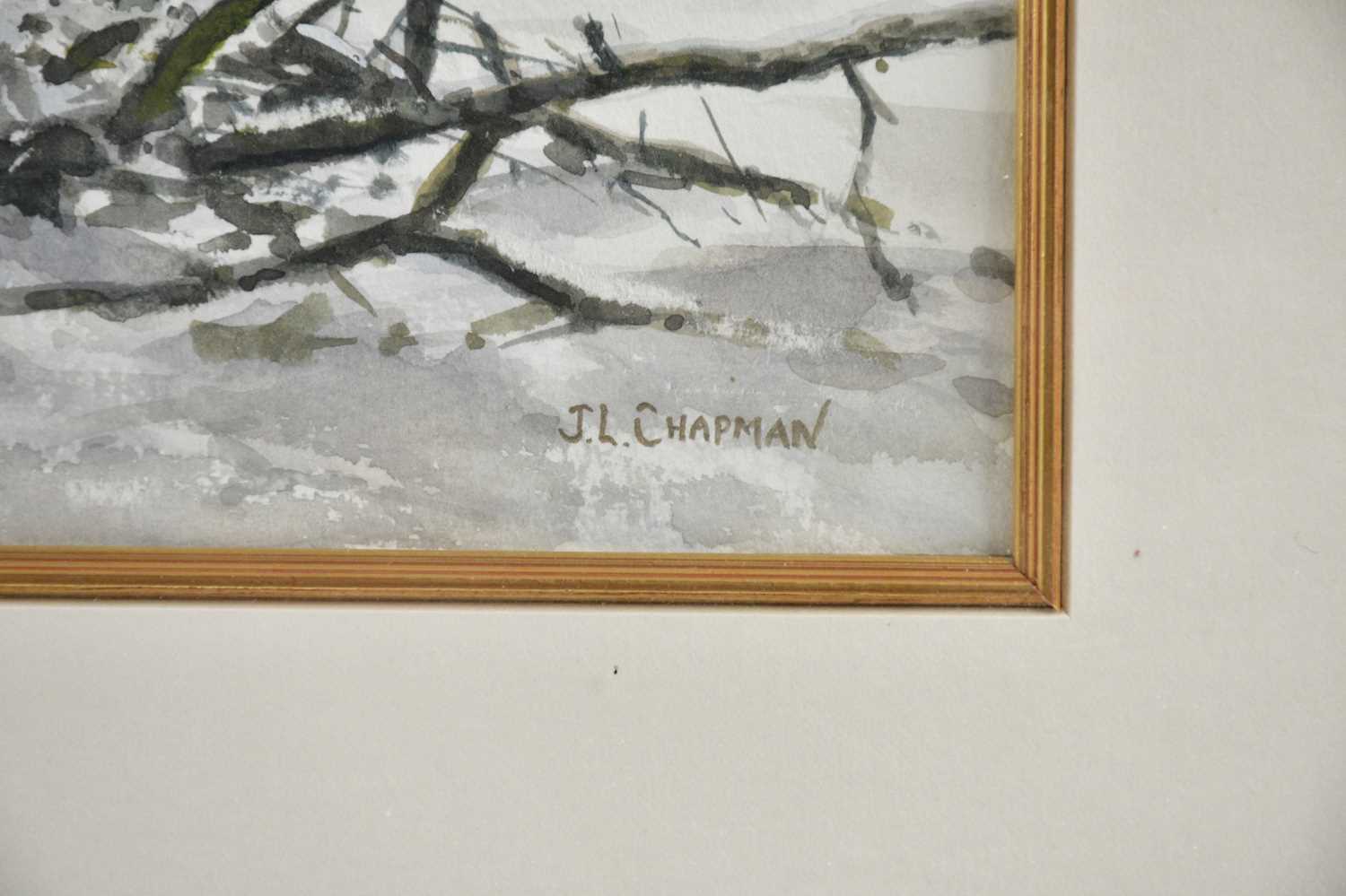 J L CHAPMAN (20TH CENTURY); watercolour, 'Moss Street in Winter', signed, 17 x 33cm, framed and - Image 3 of 4