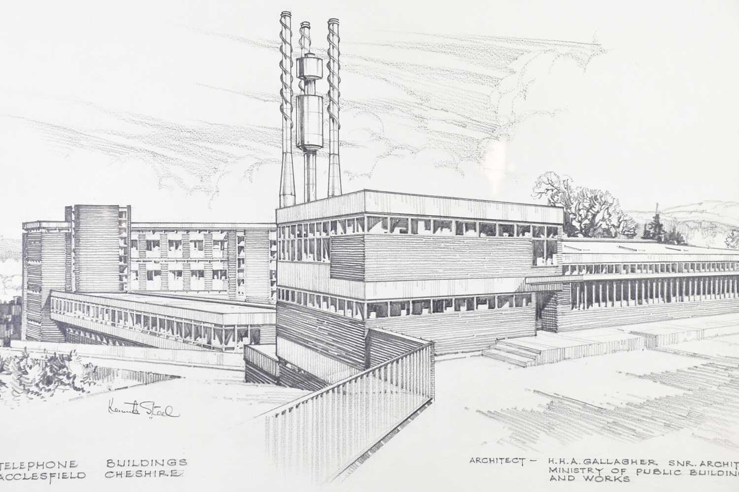 † KENNETH STEEL; a perspective drawing, 'Telephone Building, Macclesfield, Cheshire', signed lower - Bild 2 aus 4