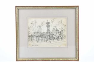 † HARRY RUTHERFORD (1903-1985); pencil drawing, figures in a street scene, signed, 16 x 21cm, framed