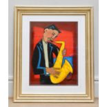 MARSHA HAMMEL; oil on gesso, 'Samba - Sax', signed, 60 x 44cm, framed and glazed. Provenance: With