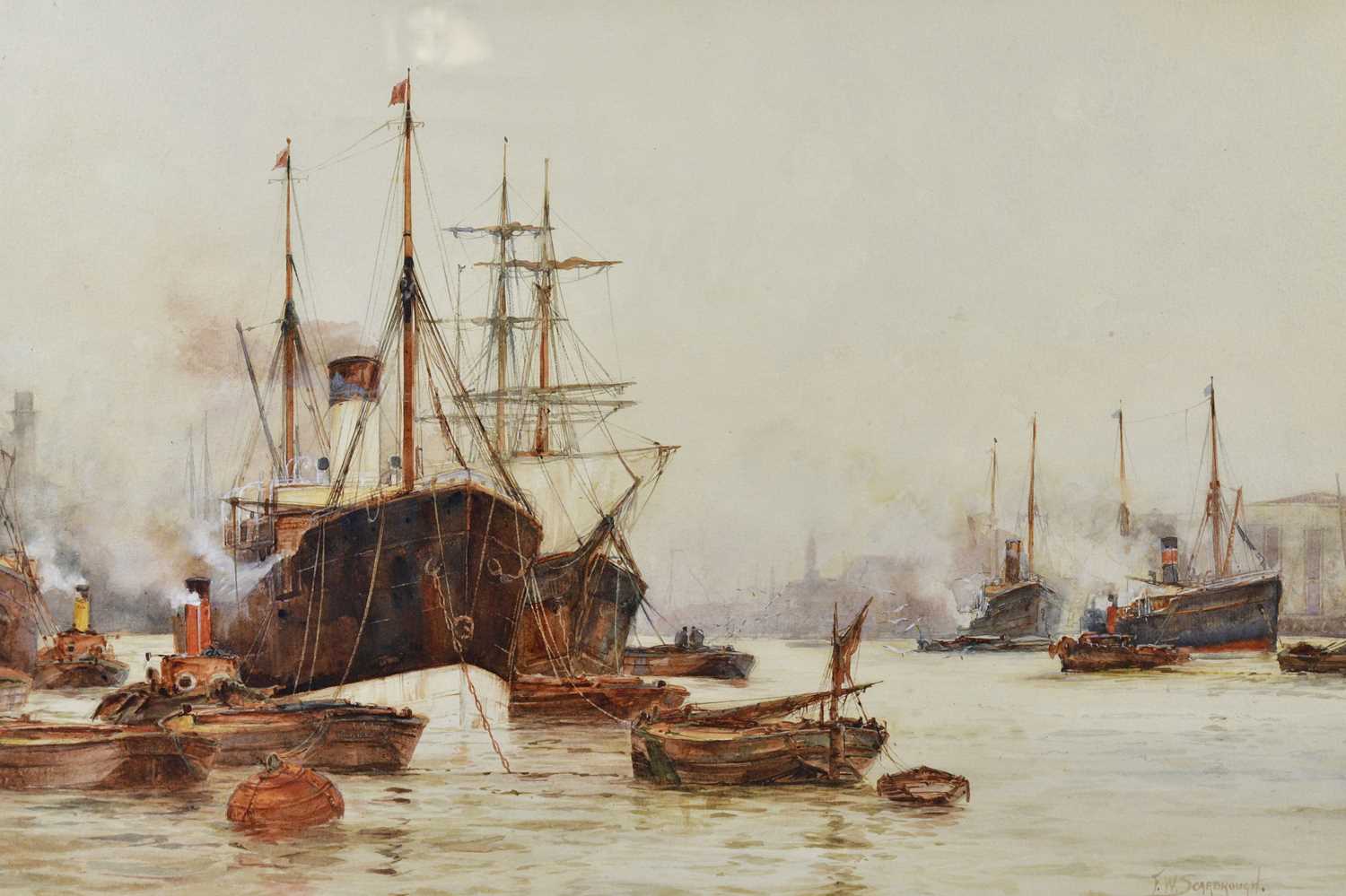 FREDERICK WILLIAM SCARBOROUGH (1860-1939); a pair of watercolours, each of shipping scenes, both - Image 3 of 7