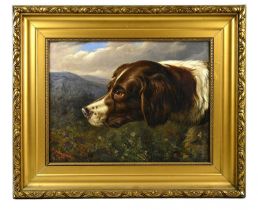 ALFRED SHELDON WILLIAMS (1841-1880); oil on canvas, study of a gun dog with landscape beyond, signed