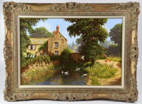 † EDWARD HERSEY (born 1948); acrylic on canvas, mill scene with river, ducks and hens, signed, 39