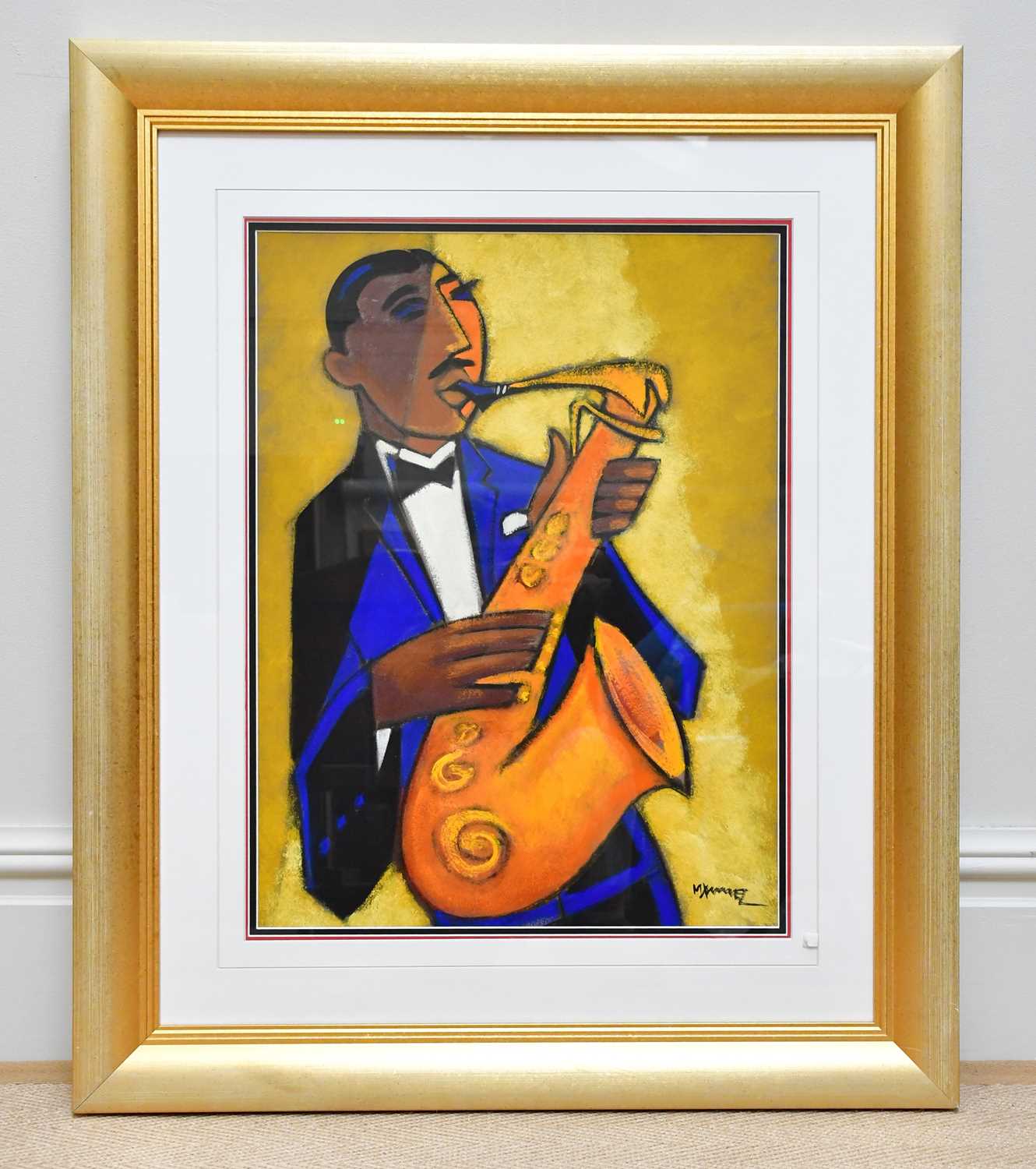 MARSHA HAMMEL; oil on gesso, 'In The Groove - 1937 Sax', signed, 60 x 44cm, framed and glazed.