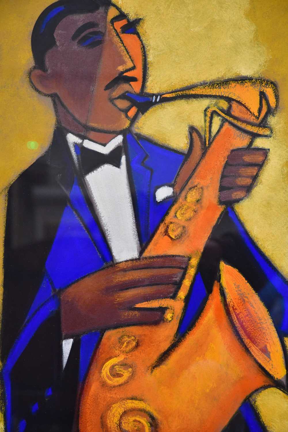 MARSHA HAMMEL; oil on gesso, 'In The Groove - 1937 Sax', signed, 60 x 44cm, framed and glazed. - Image 2 of 5