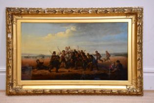 ALFRED H GREEN (fl 1844-1880); ' A Game of Shinty', signed, 51 x 96cm, in ornate gilt frame.