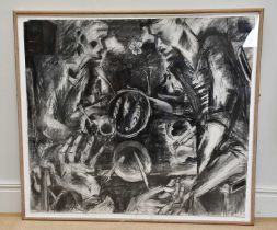 UNATTRIBUTED; a large charcoal, figures with food, unsigned, 124 x 132cm, framed and glazed.