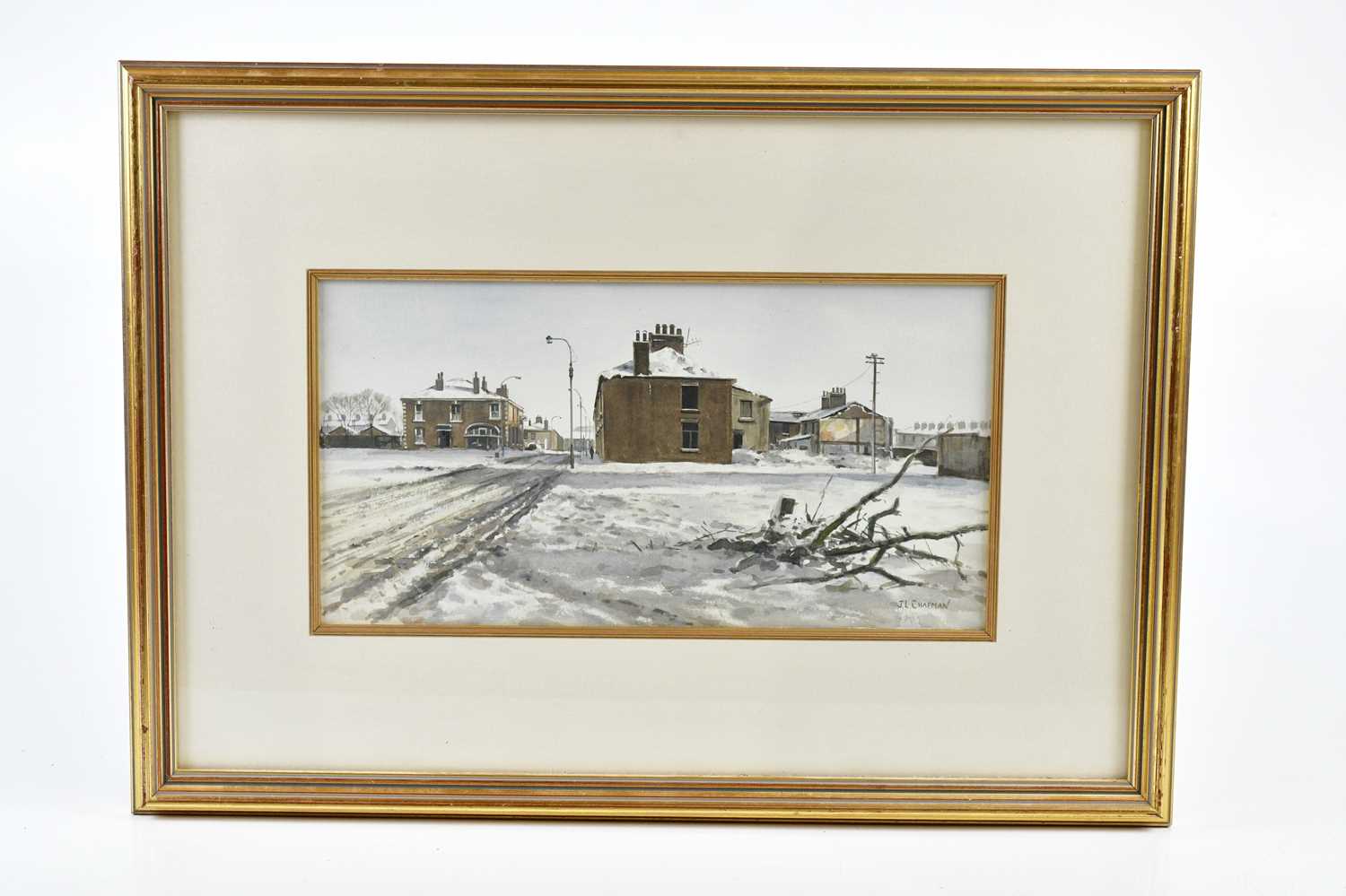 J L CHAPMAN (20TH CENTURY); watercolour, 'Moss Street in Winter', signed, 17 x 33cm, framed and