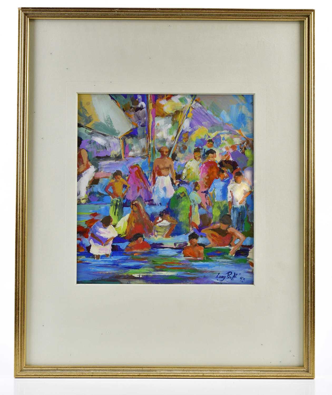 † LUCY PRATT; oil, 'Bathing in the Ganges, Benares', signed lower right, framed and glazed.